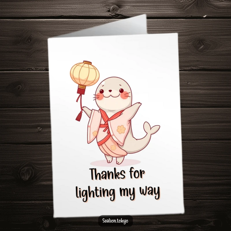 Funny Free Printable Thank You Card: A seal lion in an elegant kimono elegantly twirls a paper lantern.
