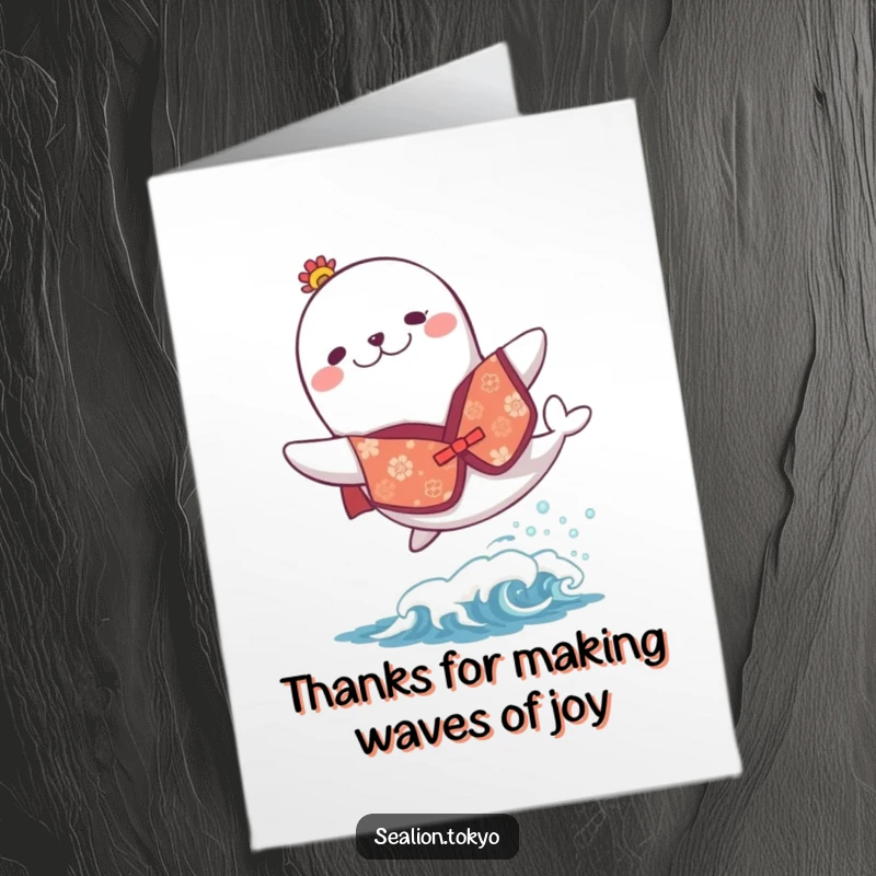 Free Printable Thank You Card: Sea lion wearing a festive kimono leaps joyfully over a wave