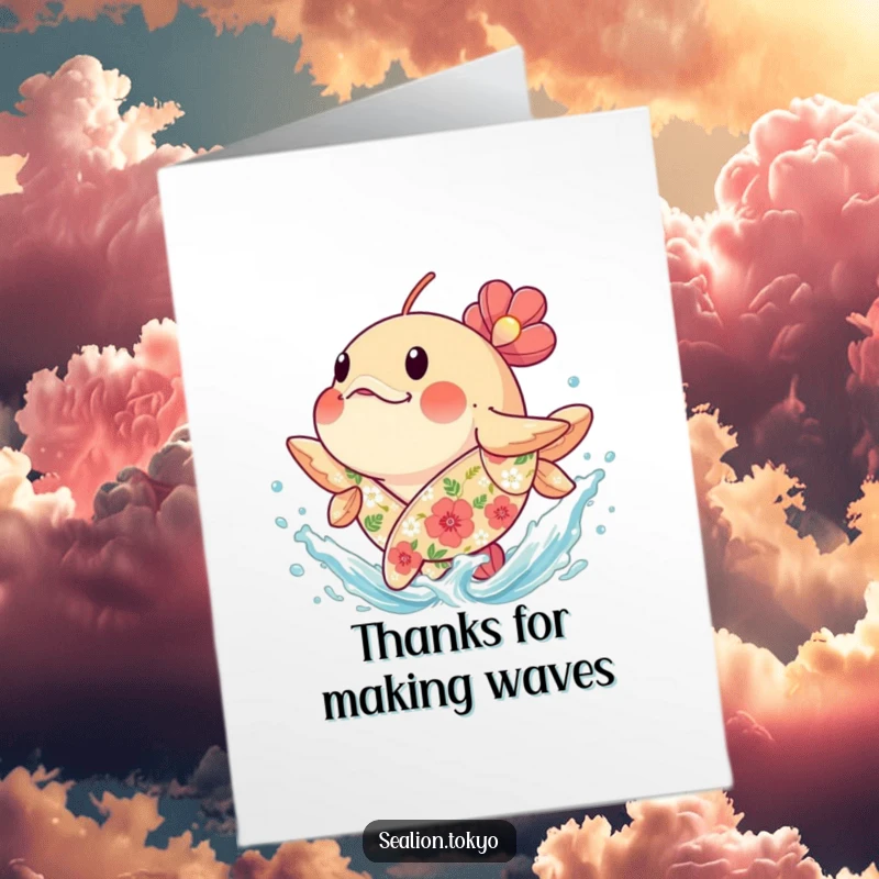Funny Free Printable Thank You Card: Plump round seafish in a floral robe joyfully splashing water, conveying thanks with glee.