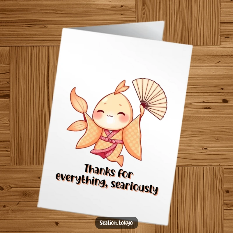 Funny Free Printable Thank You Card with a seafish in a kimono gracefully dancing.
