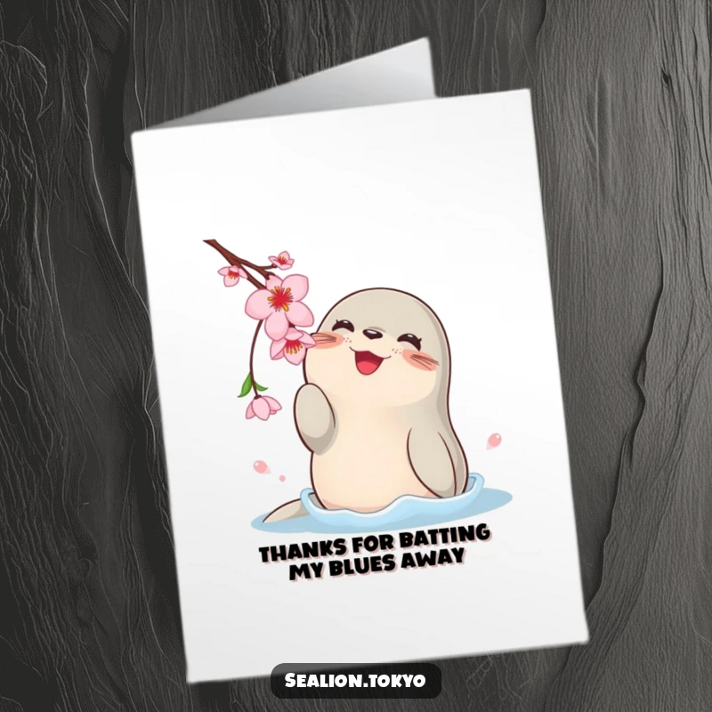 Free Printable Thank You Card: Cute sea lion flippers playfully batting a blooming cherry blossom