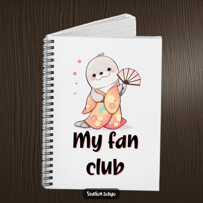 Funny notebook adorned with a sea lion in a colorful kimono, gracefully bowing with a twirling fan, inspiring elegant writing.