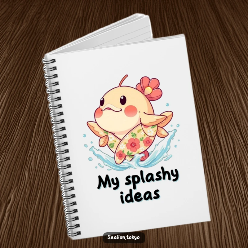 Funny plump seafish splashing water, on a notebook cover, for jotting down joyful and funny notes.