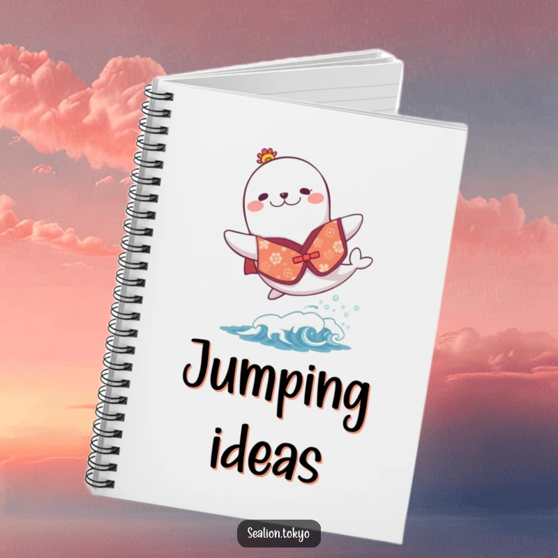 Funny notebook adorned with a sea lion in a festive kimono, joyfully leaping over a wave, inspiring energetic writing.