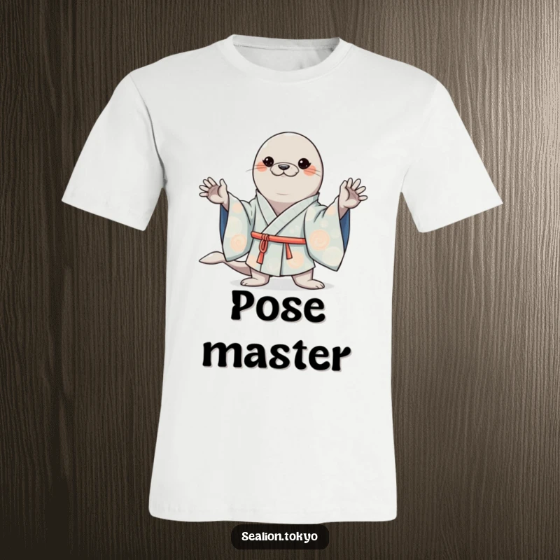 Funny t-shirt featuring an adorable kawaii sea lion confidently posing in a chic, wide-sleeved kimono, exuding charm.
