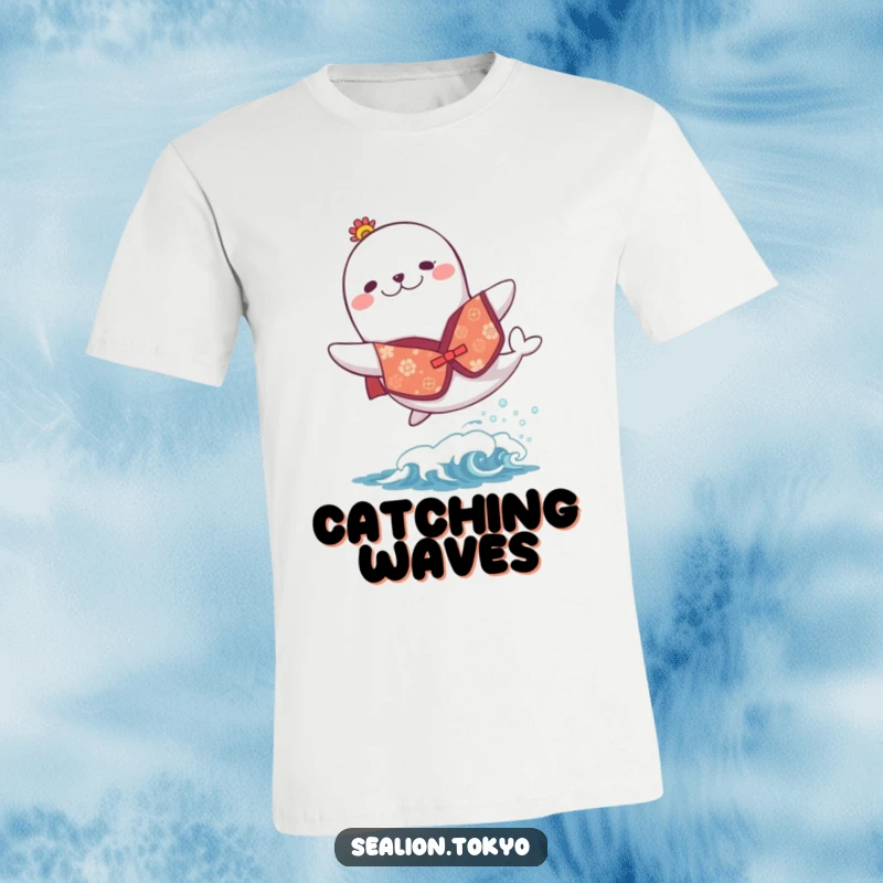 Funny t-shirt featuring a sea lion in a colorful, festive kimono, joyfully mid-leap over a small, splashing wave.