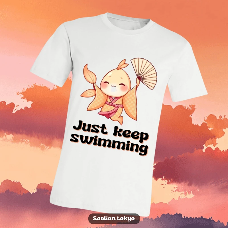 Funny Seafish T-Shirt: Elegant dancer in a shimmering kimono twirls with a fan, hilariously stylish attire.