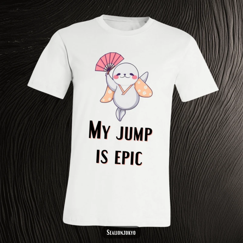 Funny Sealion T-Shirt: A sealion in a bright kimono leaps joyfully, fan held high, showcasing dynamic energy.