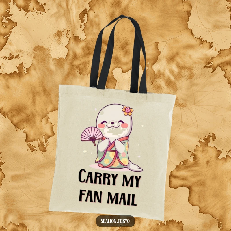 Funny Sealion Tote Bag: A sealion in a colorful kimono bows with a fan, perfect for carrying daily items with humor.