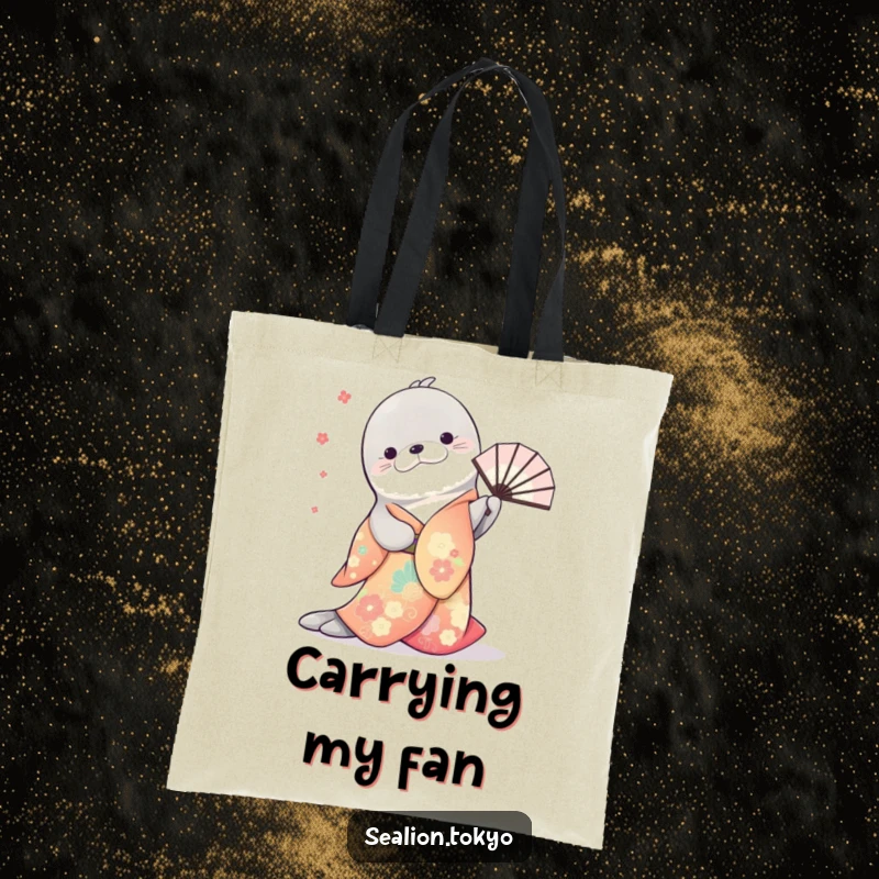 Funny tote bag showcasing a sea lion in a colorful kimono, performing a graceful bow with a beautifully twirling fan.