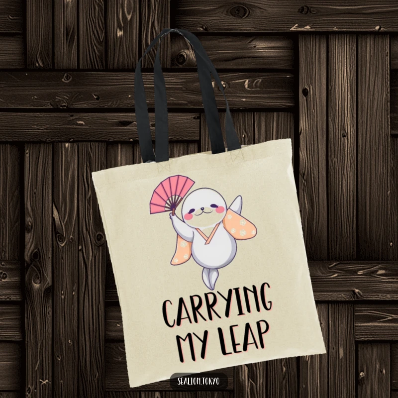 Funny Sealion Tote Bag: A sealion in a bright kimono leaps with a fan aloft, perfect for stylish and humorous errands.