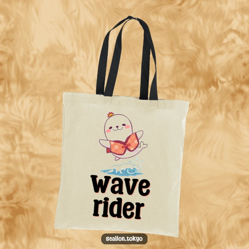 Funny tote bag showcasing a sea lion in a festive kimono, joyfully leaping over a small wave, perfect for daily use.